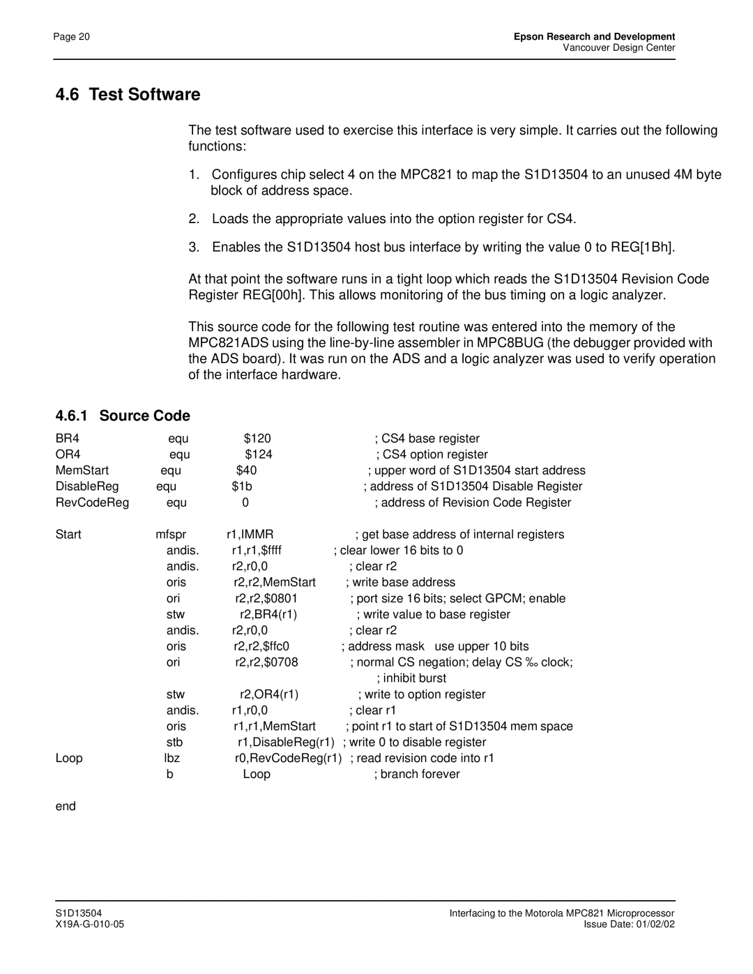 Epson S1D13504 manual Test Software, Source Code 