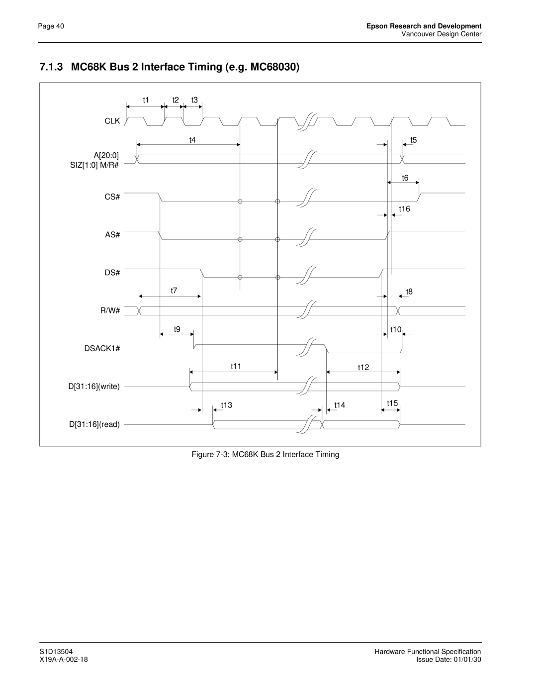 Epson S1D13504 manual 3 MC68K Bus 2 Interface Timing e.g. MC68030, A200 SIZ10 M/R#, As# Ds#, T13 T14 T15 