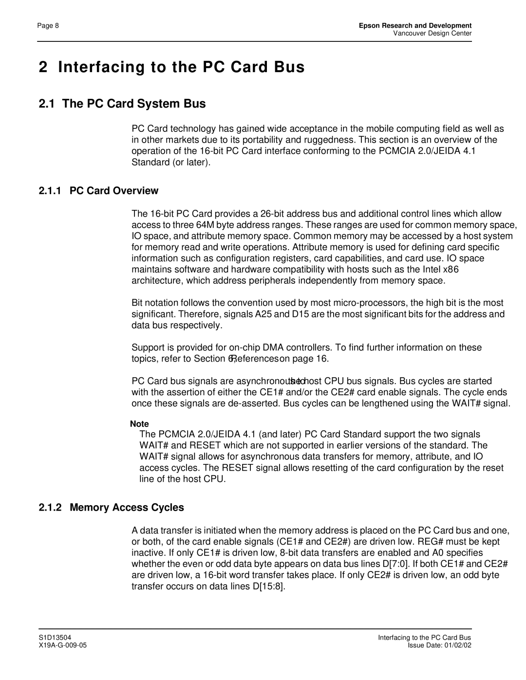 Epson S1D13504 manual Interfacing to the PC Card Bus, PC Card System Bus, PC Card Overview, Memory Access Cycles 