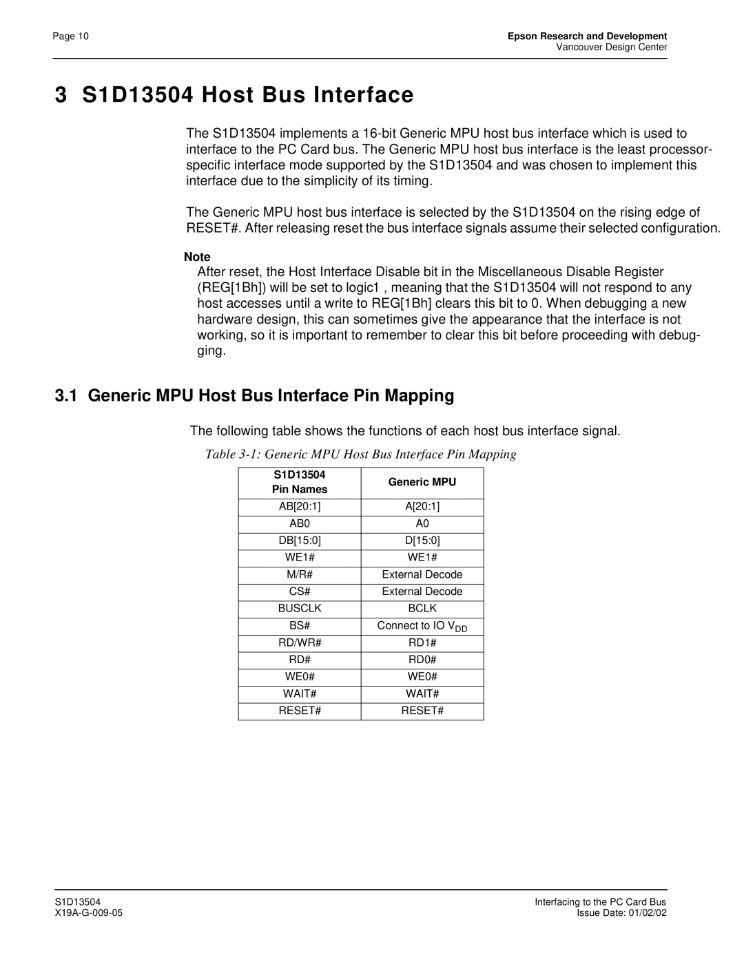 Epson manual S1D13504 Host Bus Interface 