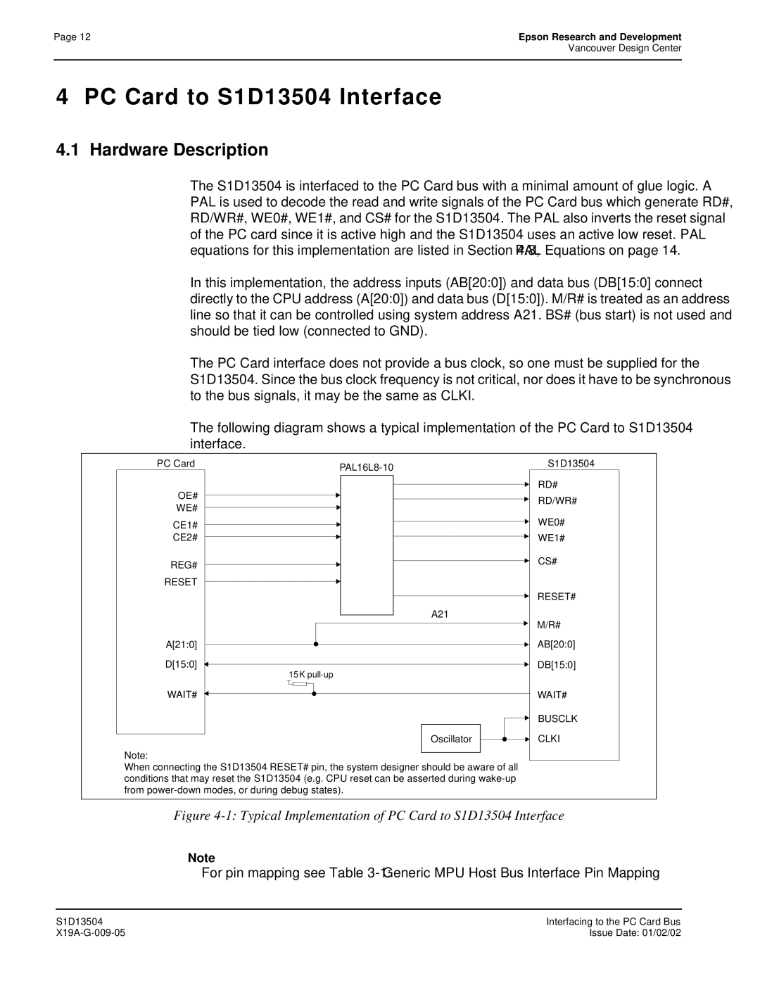 Epson manual Typical Implementation of PC Card to S1D13504 Interface 