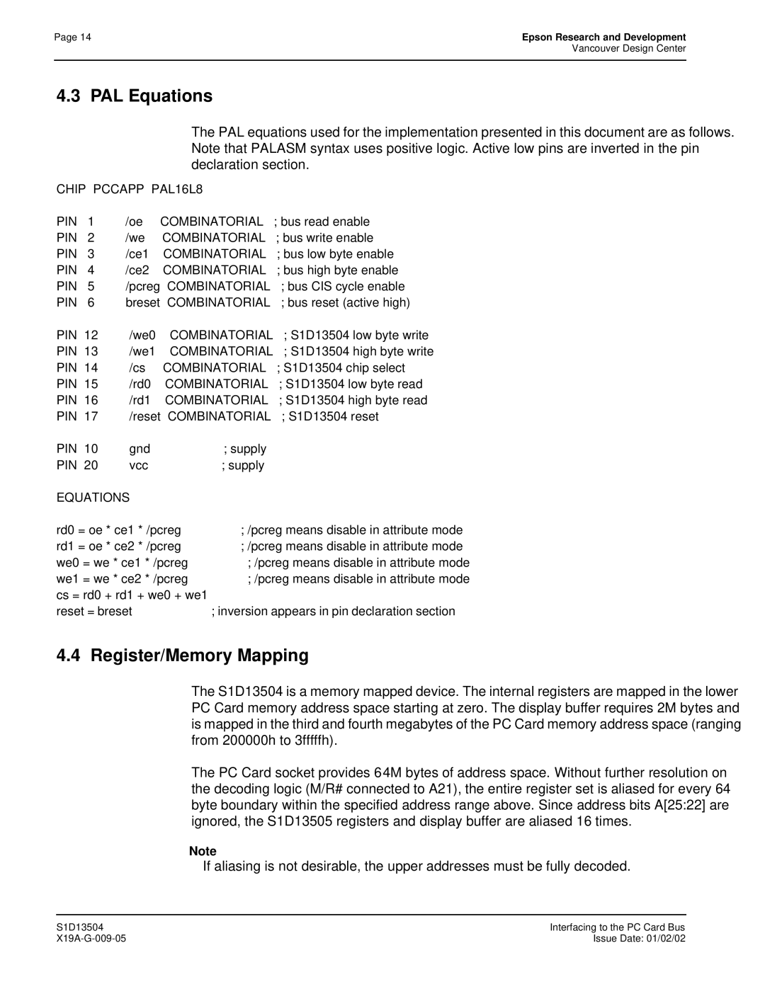 Epson S1D13504 manual PAL Equations 