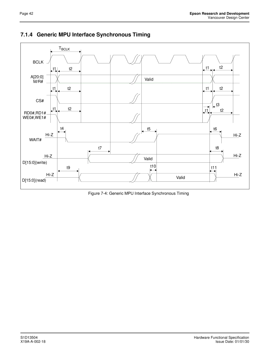 Epson S1D13504 manual Generic MPU Interface Synchronous Timing, Bclk, A200, RD0#,RD1# WE0#,WE1# Hi-Z 