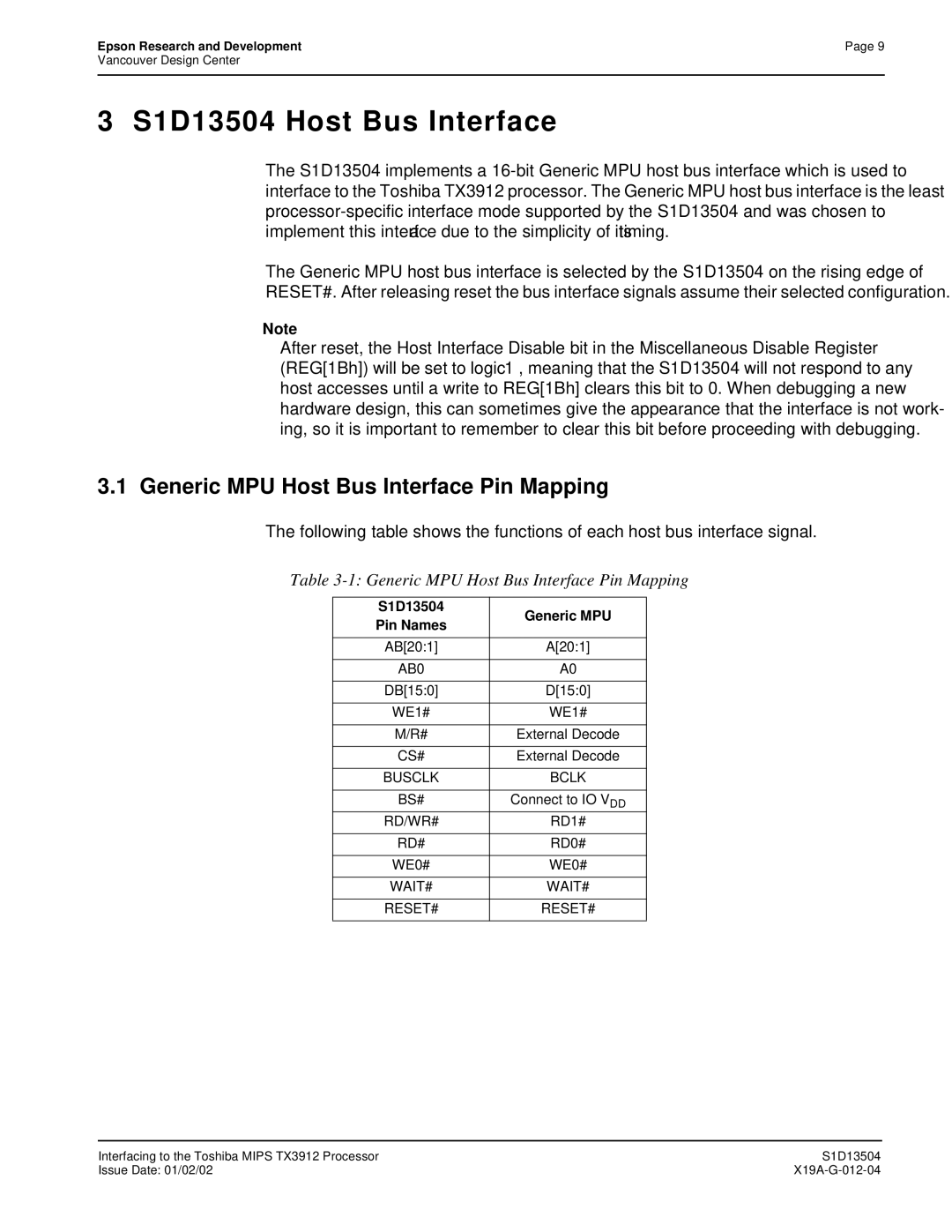 Epson manual S1D13504 Host Bus Interface 