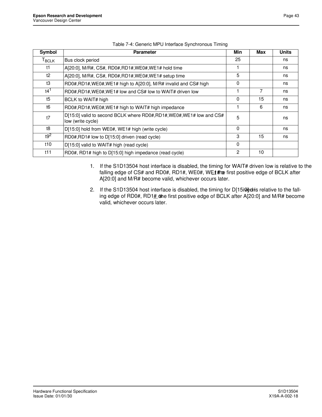 Epson S1D13504 manual Low write cycle D150 hold from WE0#, WE1# high write cycle 