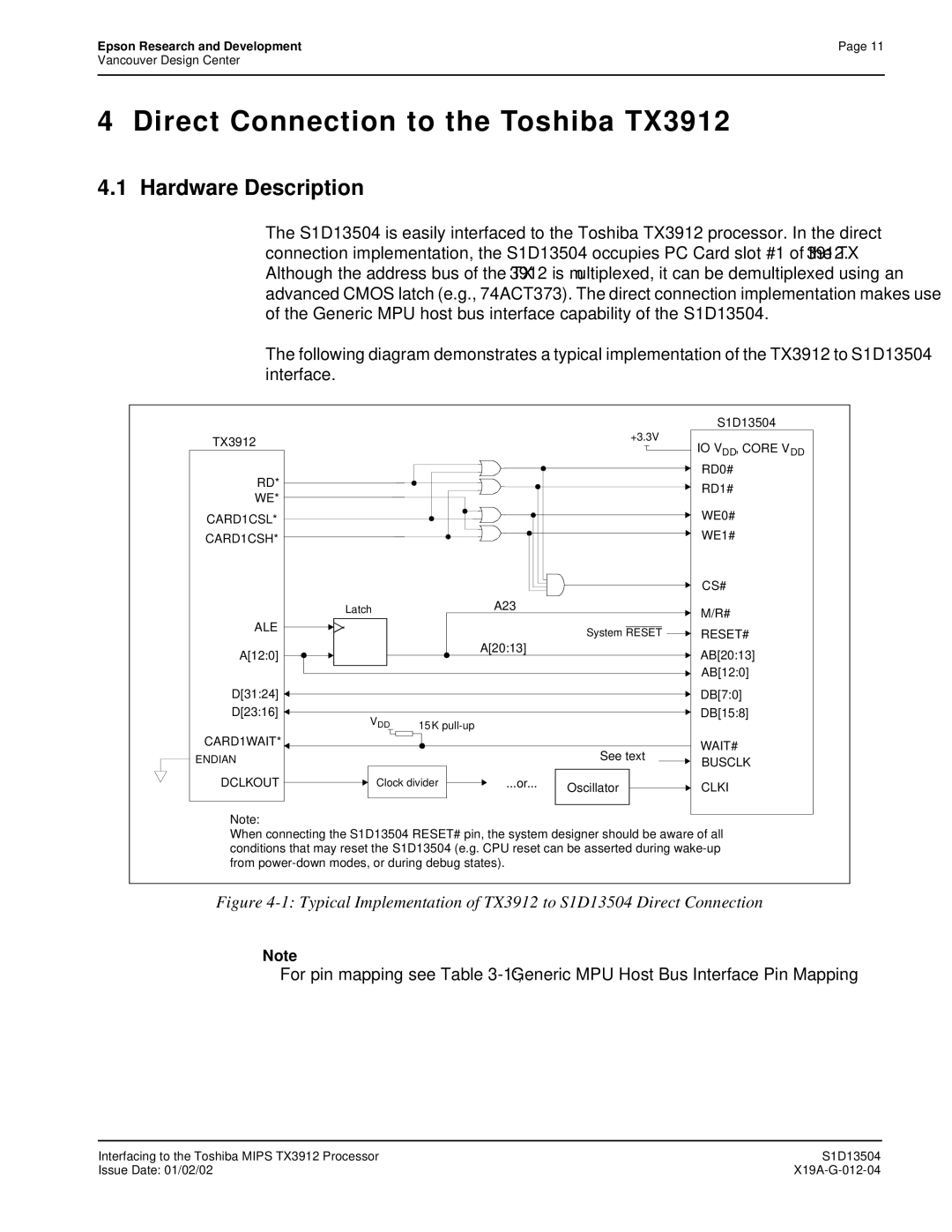 Epson S1D13504 manual Direct Connection to the Toshiba TX3912, Hardware Description 