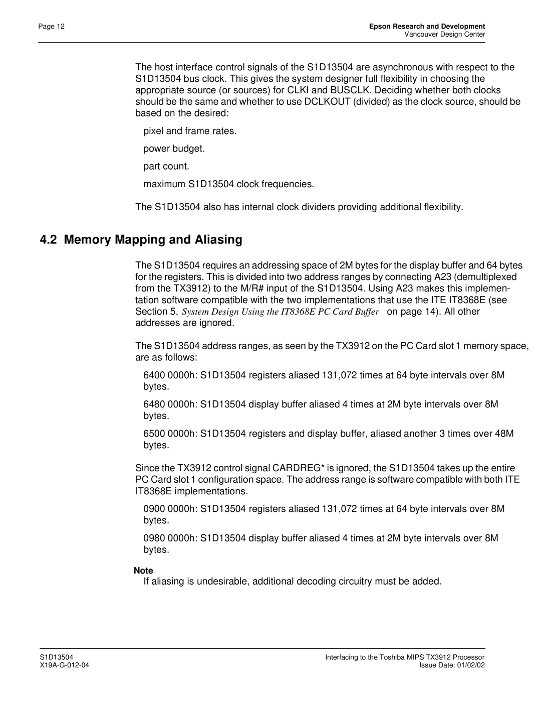 Epson S1D13504 manual Memory Mapping and Aliasing 