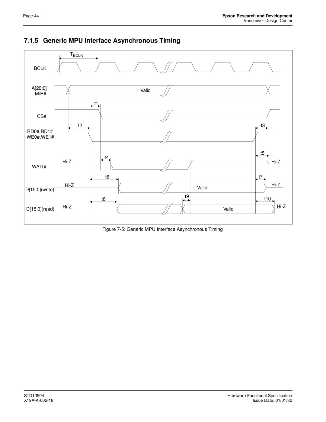 Epson S1D13504 manual Generic MPU Interface Asynchronous Timing, A200 Valid, Hi-Z Valid T10 D150read 