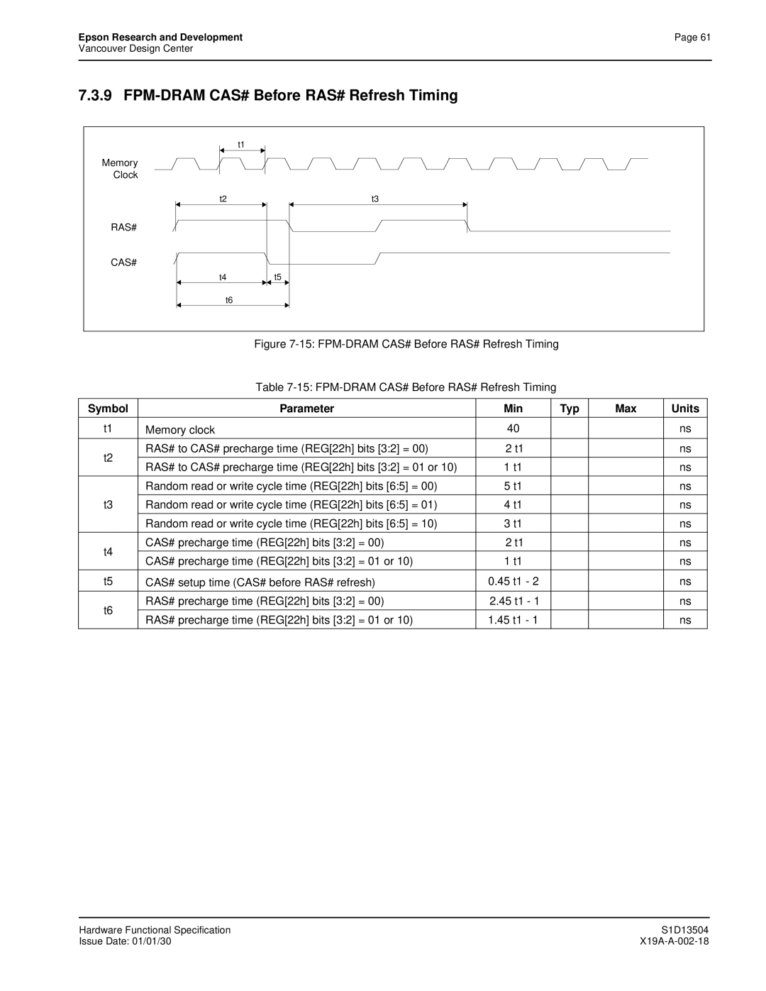 Epson S1D13504 manual FPM-DRAM CAS# Before RAS# Refresh Timing, RAS# precharge time REG22h bits 32 = 01 or 45 t1 