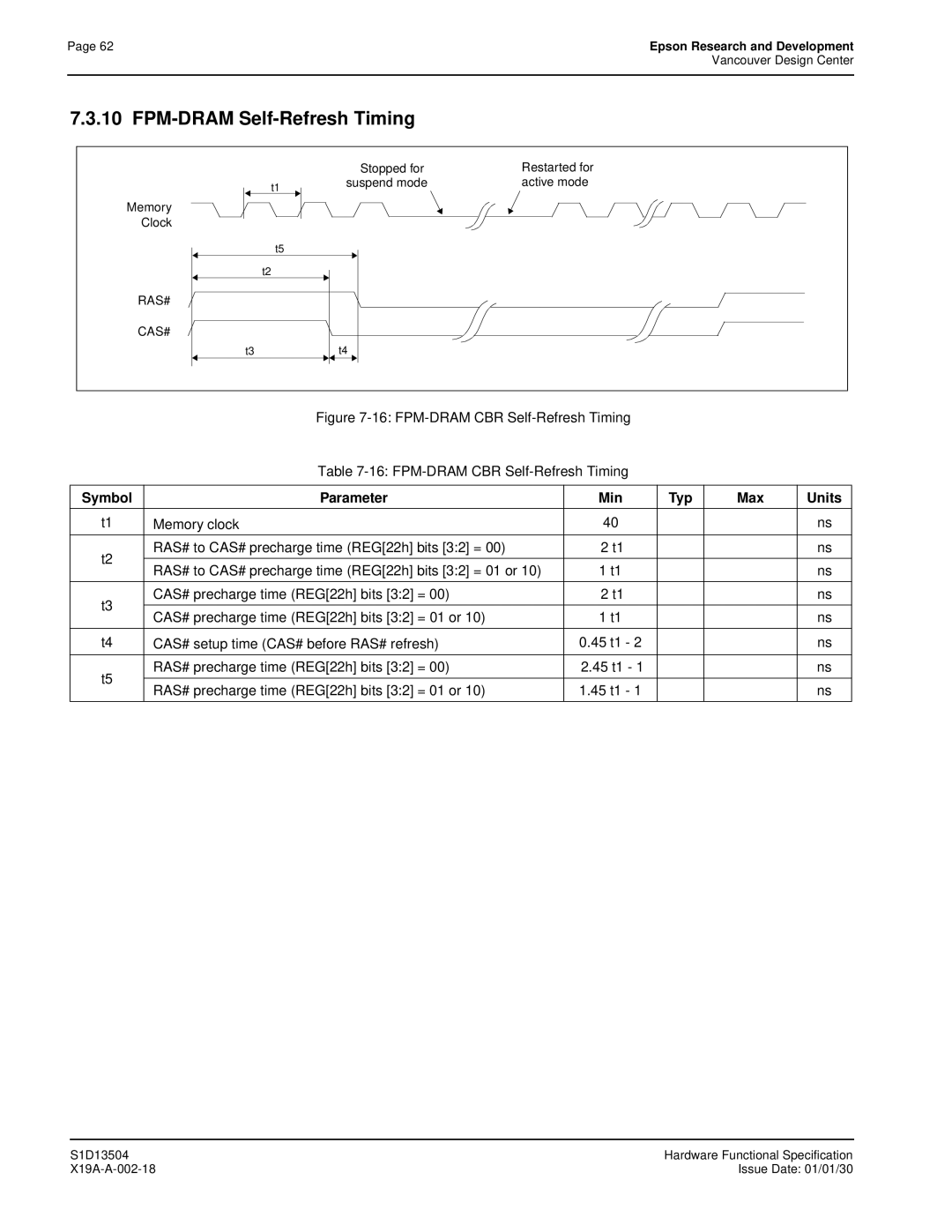 Epson S1D13504 manual FPM-DRAM Self-Refresh Timing, FPM-DRAM CBR Self-Refresh Timing 