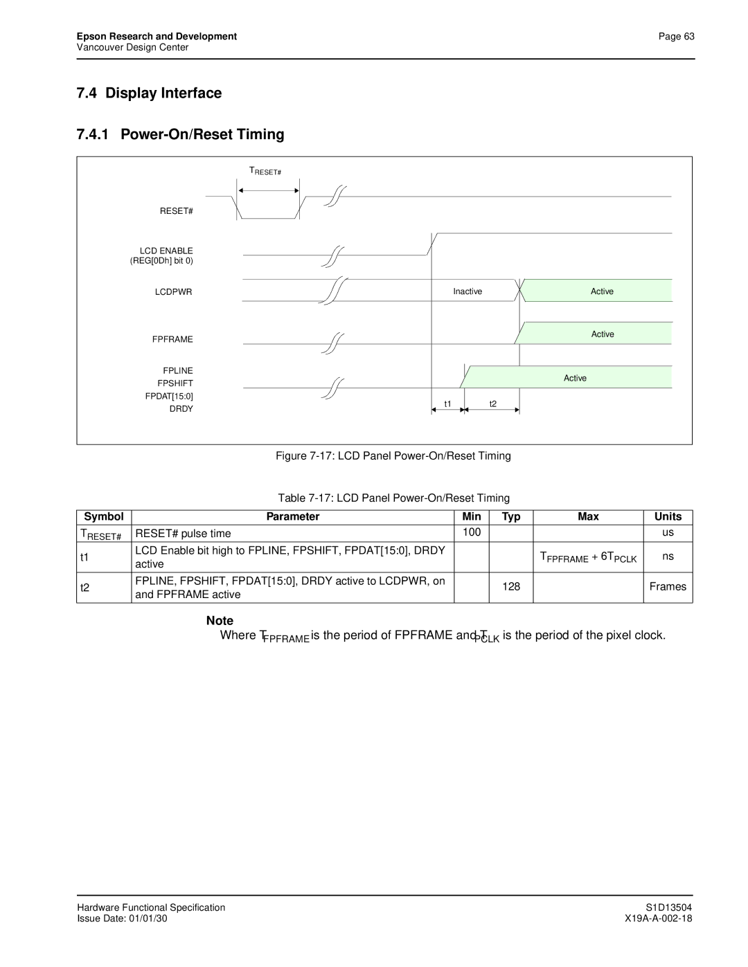 Epson S1D13504 manual Display Interface Power-On/Reset Timing, Fpframe active 