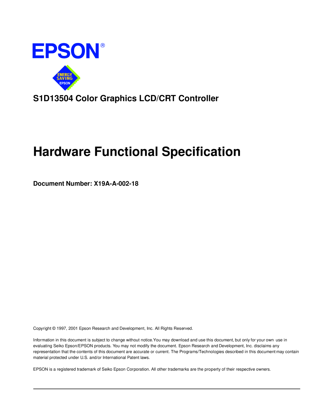 Epson S1D13504 manual Hardware Functional Specification, Document Number X19A-A-002-18 