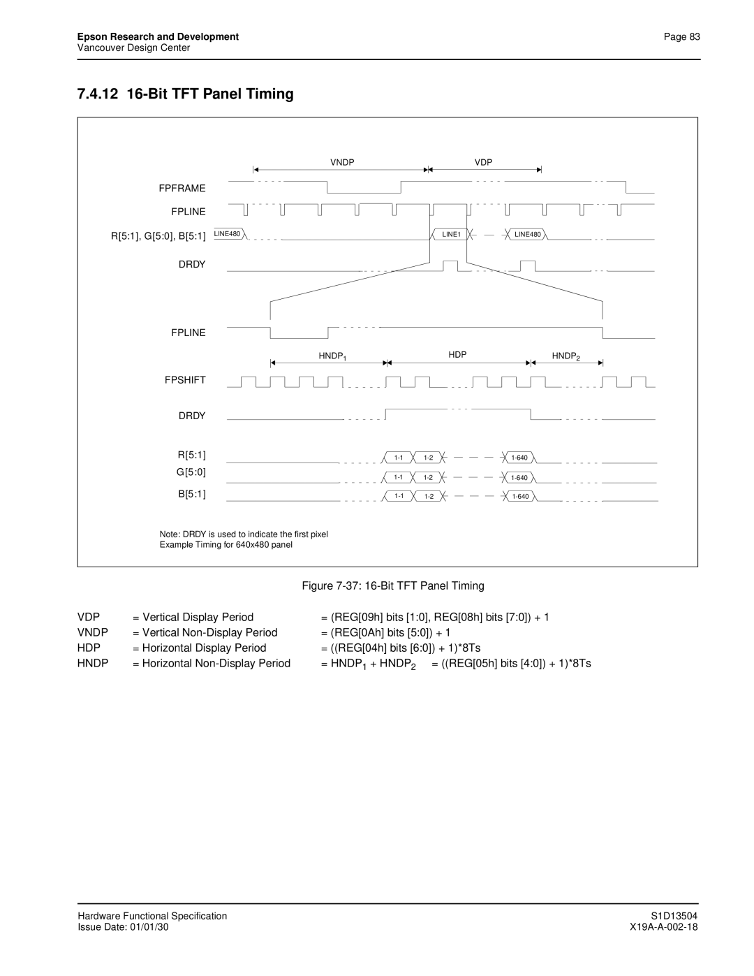 Epson S1D13504 manual 12 16-Bit TFT Panel Timing, = Vertical Display Period = REG09h bits 10, REG08h bits 70 + 