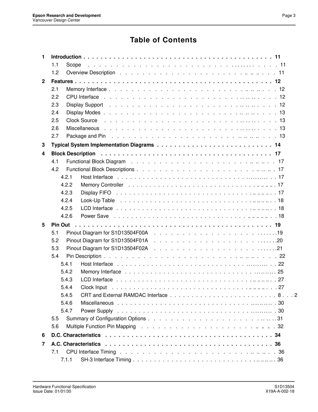 Epson S1D13504 manual Table of Contents 