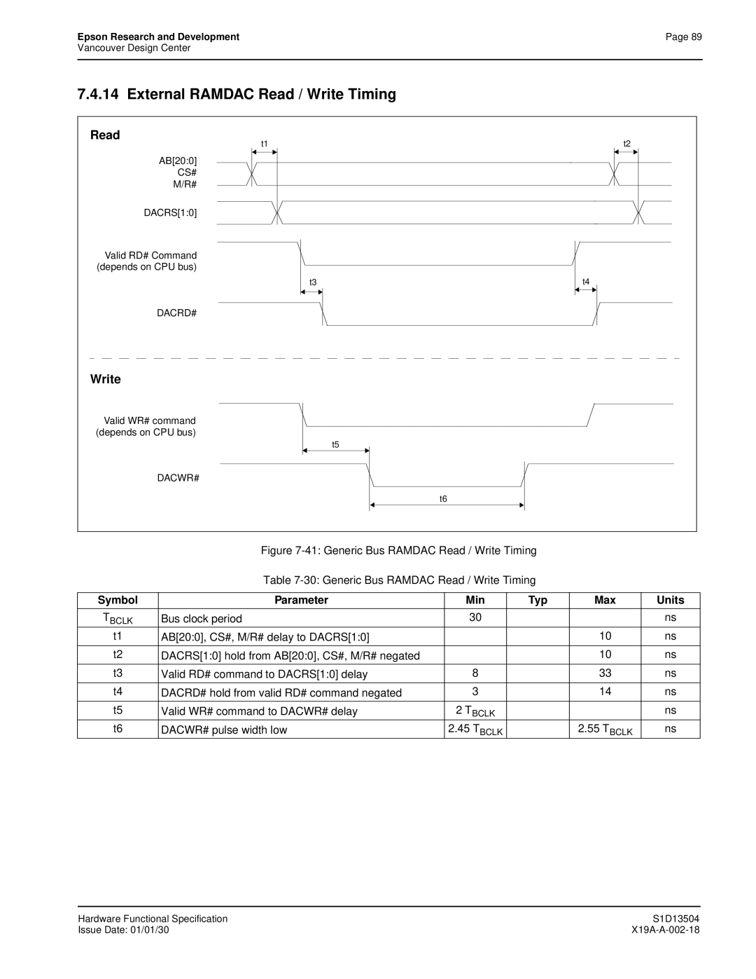 Epson S1D13504 manual External Ramdac Read / Write Timing, DACWR# pulse width low 