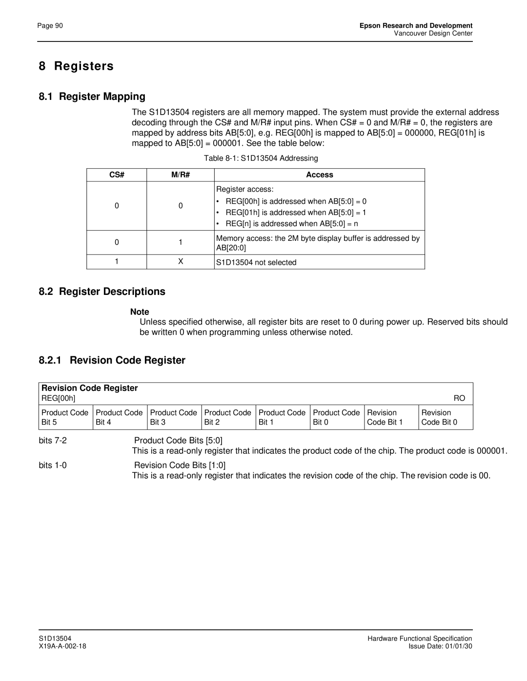 Epson S1D13504 manual Registers, Register Mapping, Register Descriptions, Revision Code Register 