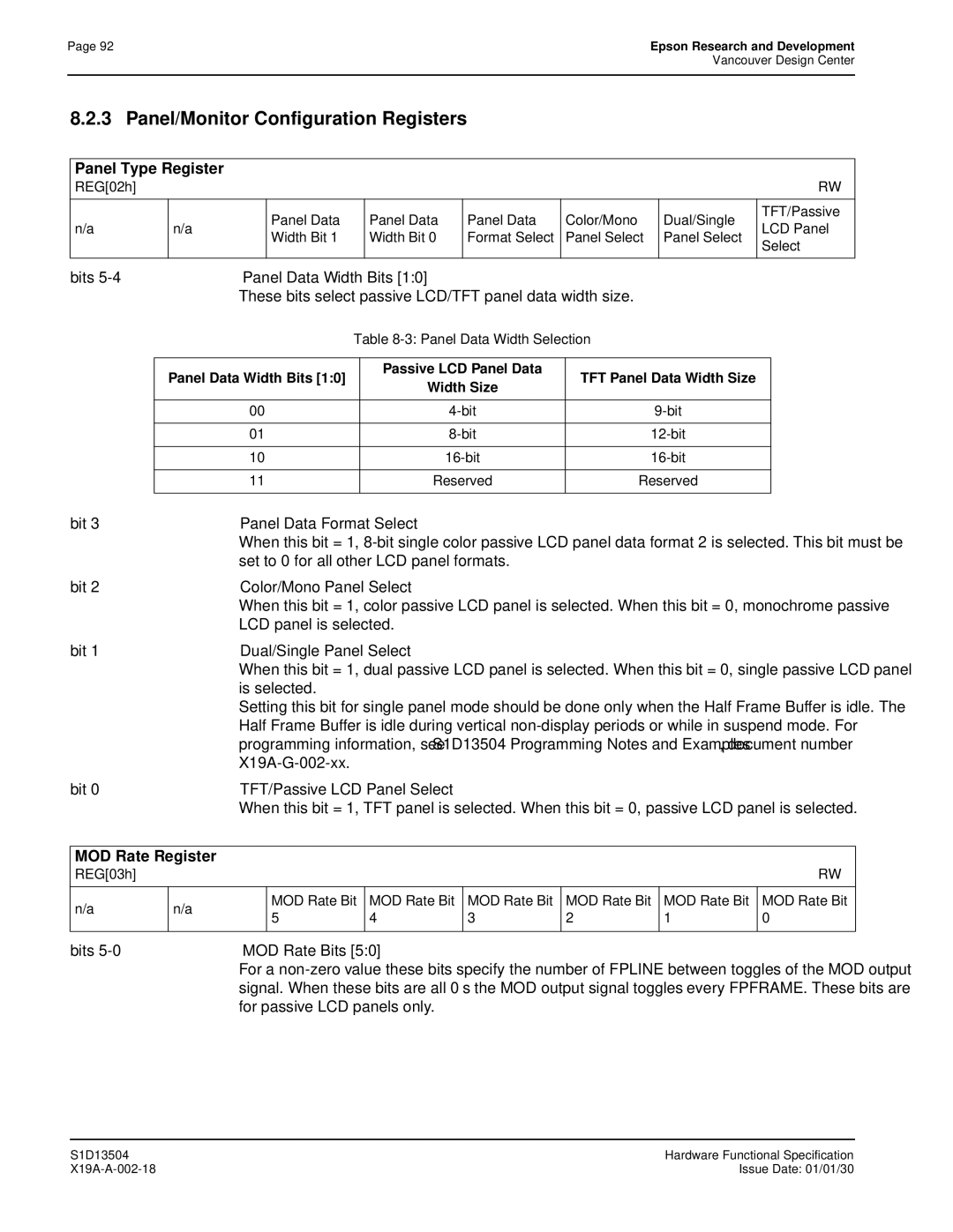 Epson S1D13504 manual Panel/Monitor Configuration Registers, Panel Type Register, MOD Rate Register, REG03h MOD Rate Bit 