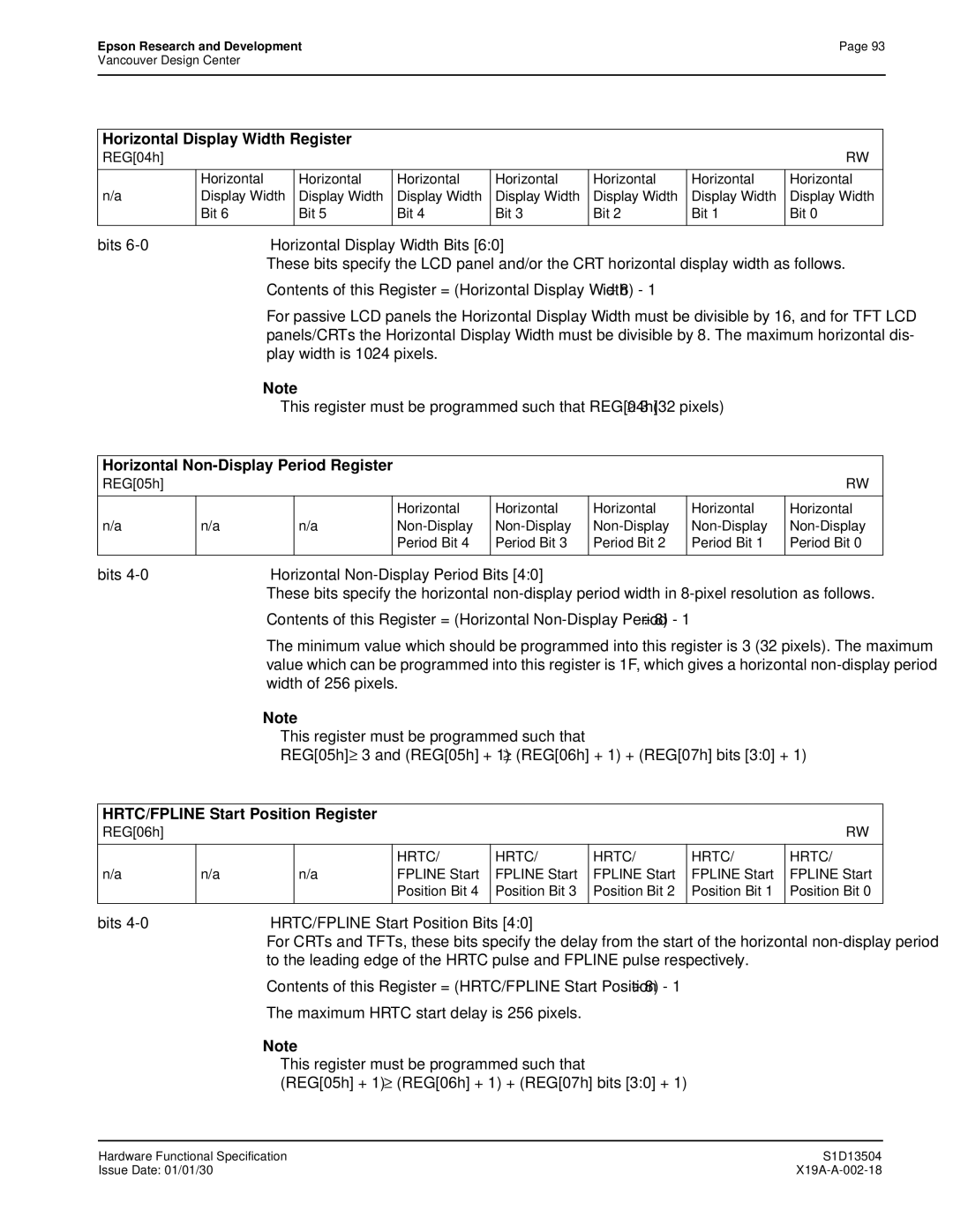 Epson S1D13504 manual Horizontal Display Width Register, Horizontal Non-Display Period Register 