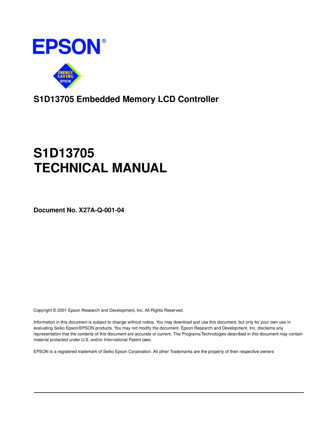 Epson S1D13705 technical manual Document No. X27A-Q-001-04 