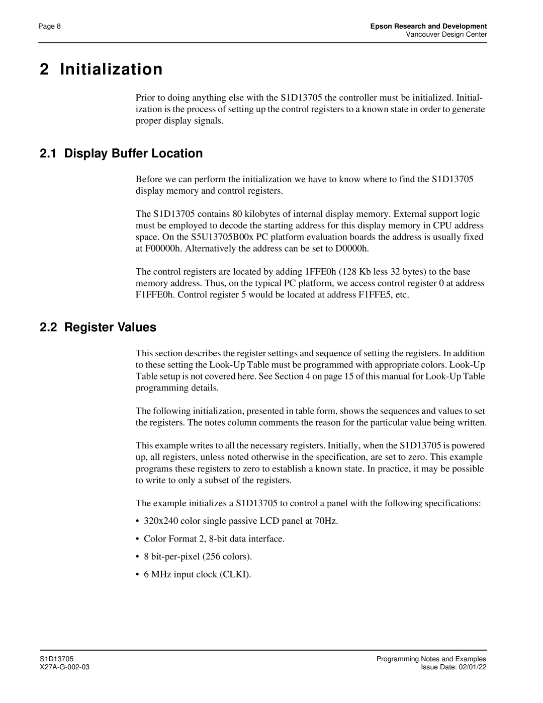 Epson S1D13705 technical manual Initialization, Display Buffer Location, Register Values 