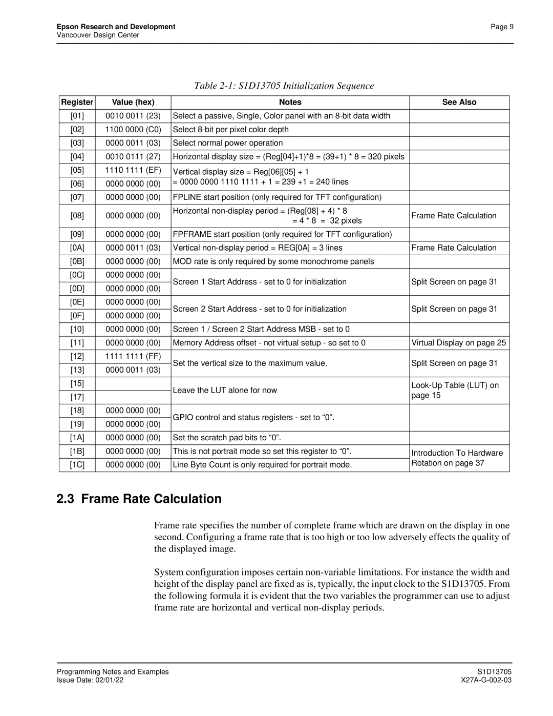 Epson technical manual Frame Rate Calculation, S1D13705 Initialization Sequence, Register Value hex See Also 