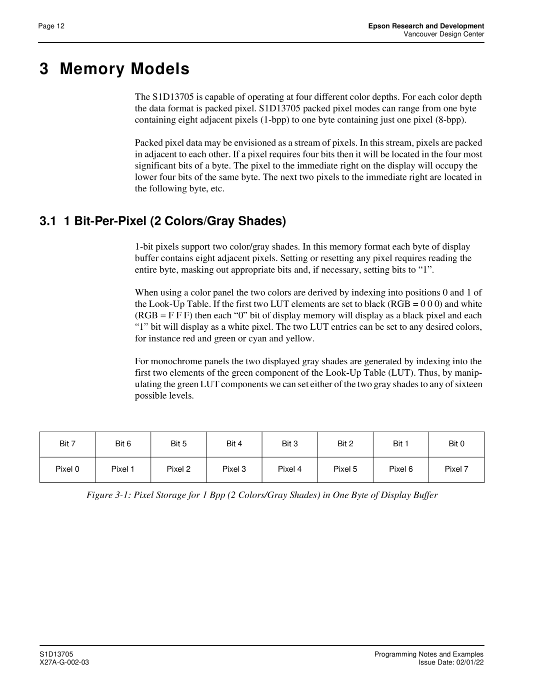 Epson S1D13705 technical manual Memory Models, Bit-Per-Pixel 2 Colors/Gray Shades, Bit Pixel 