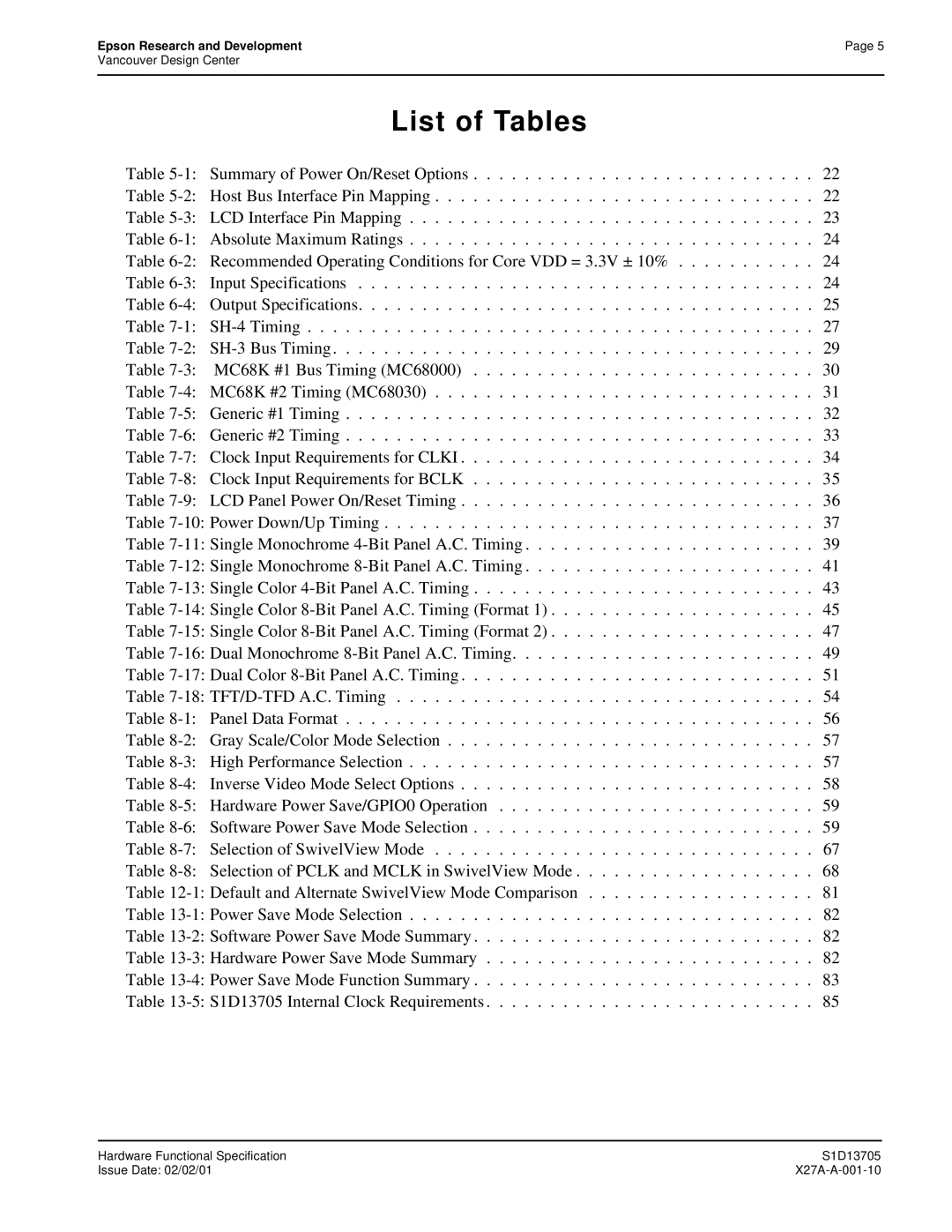 Epson S1D13705 technical manual List of Tables 