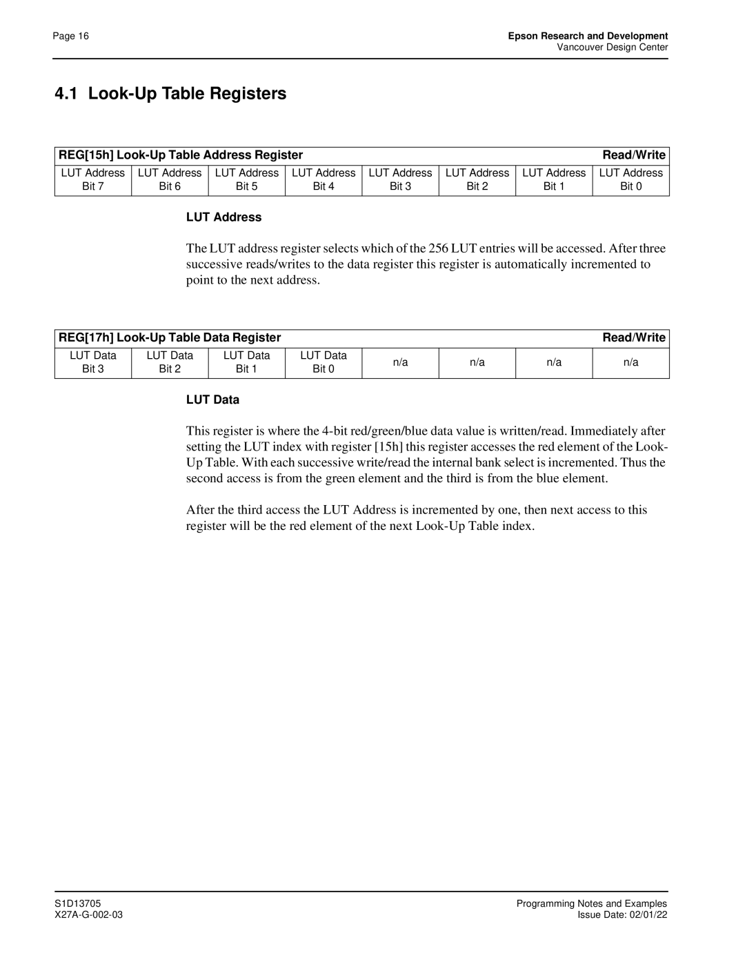 Epson S1D13705 technical manual Look-Up Table Registers, LUT Data 