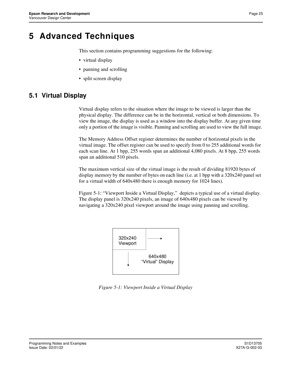 Epson S1D13705 technical manual Advanced Techniques, Virtual Display 