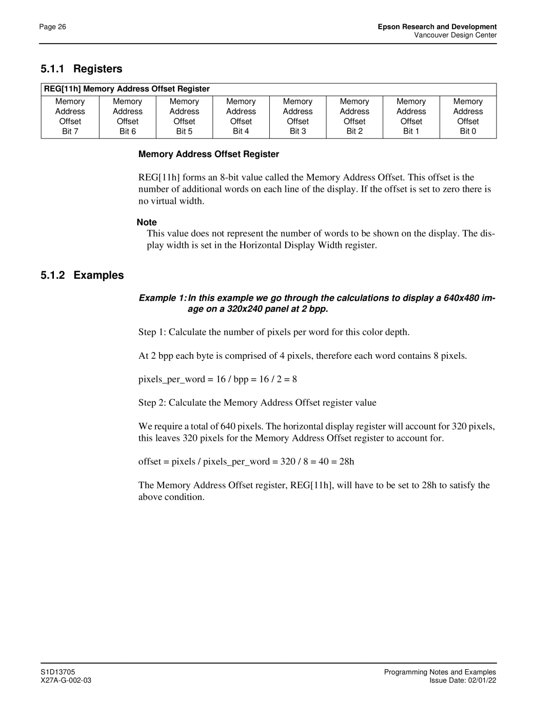 Epson S1D13705 technical manual Registers, Examples, REG11h Memory Address Offset Register 