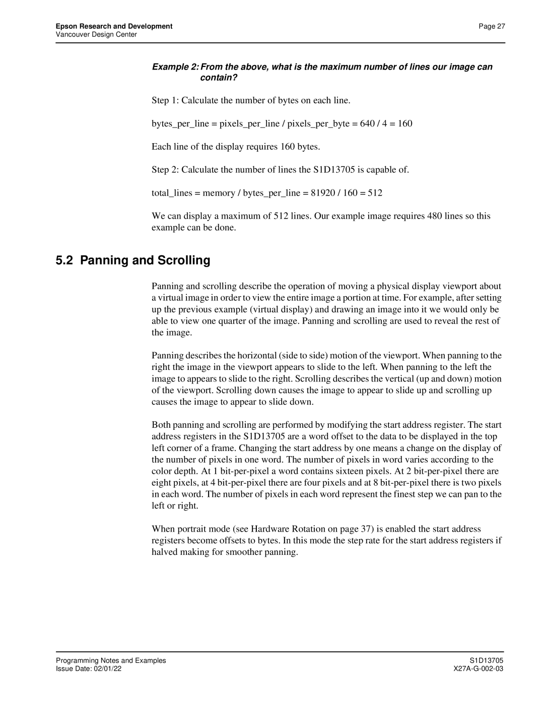 Epson S1D13705 technical manual Panning and Scrolling 