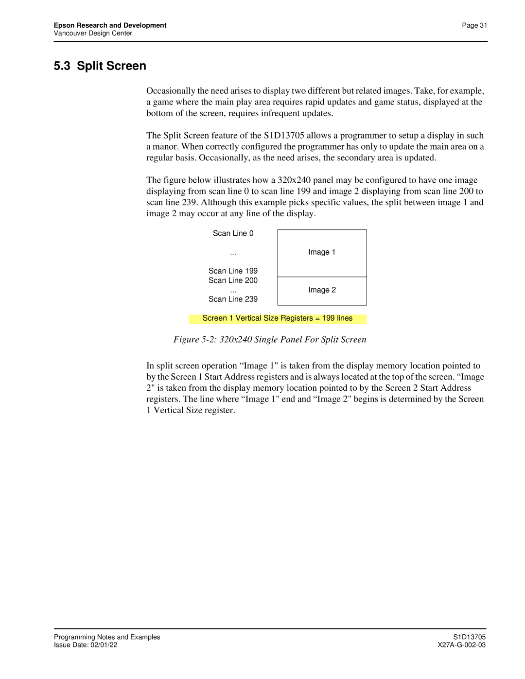 Epson S1D13705 technical manual 320x240 Single Panel For Split Screen 