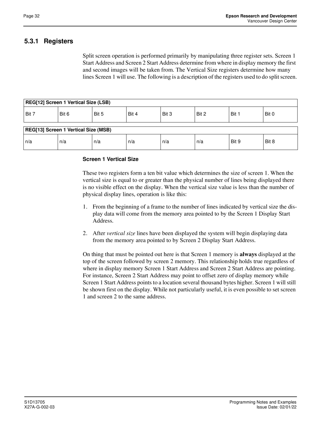 Epson S1D13705 technical manual REG12 Screen 1 Vertical Size LSB, REG13 Screen 1 Vertical Size MSB 