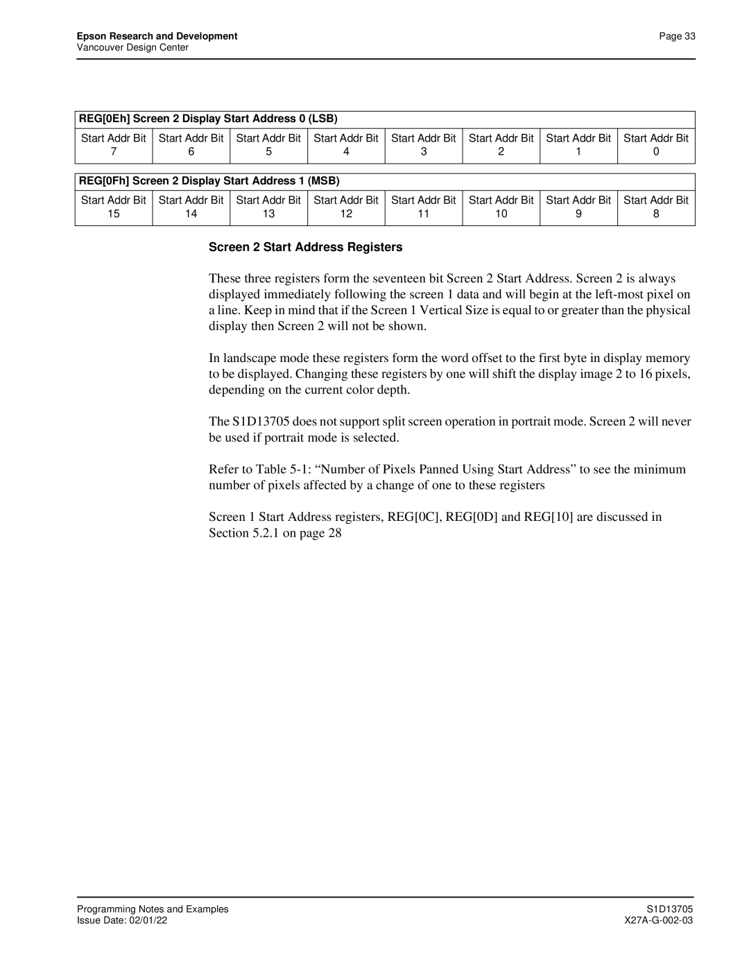 Epson S1D13705 technical manual REG0Eh Screen 2 Display Start Address 0 LSB, REG0Fh Screen 2 Display Start Address 1 MSB 