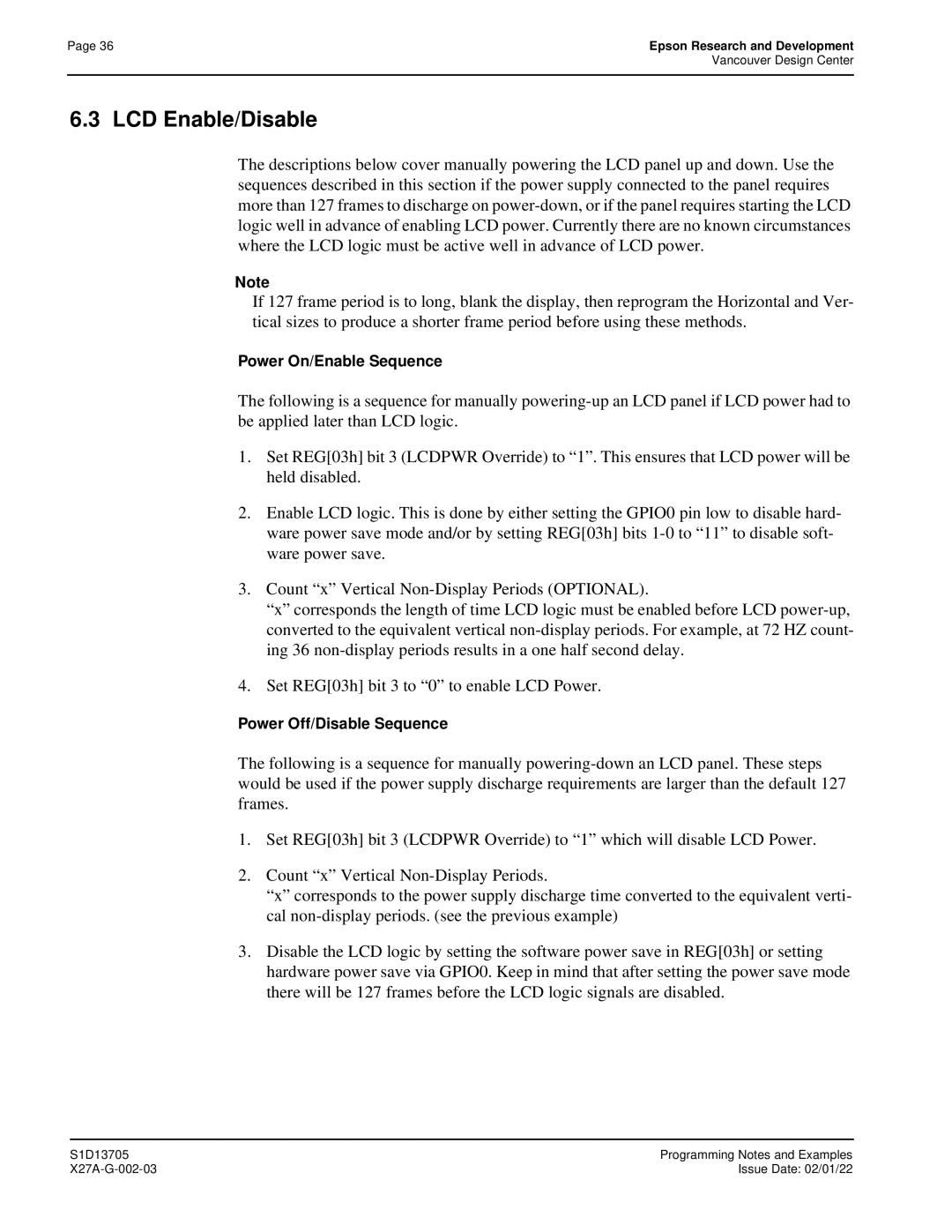 Epson S1D13705 technical manual LCD Enable/Disable 