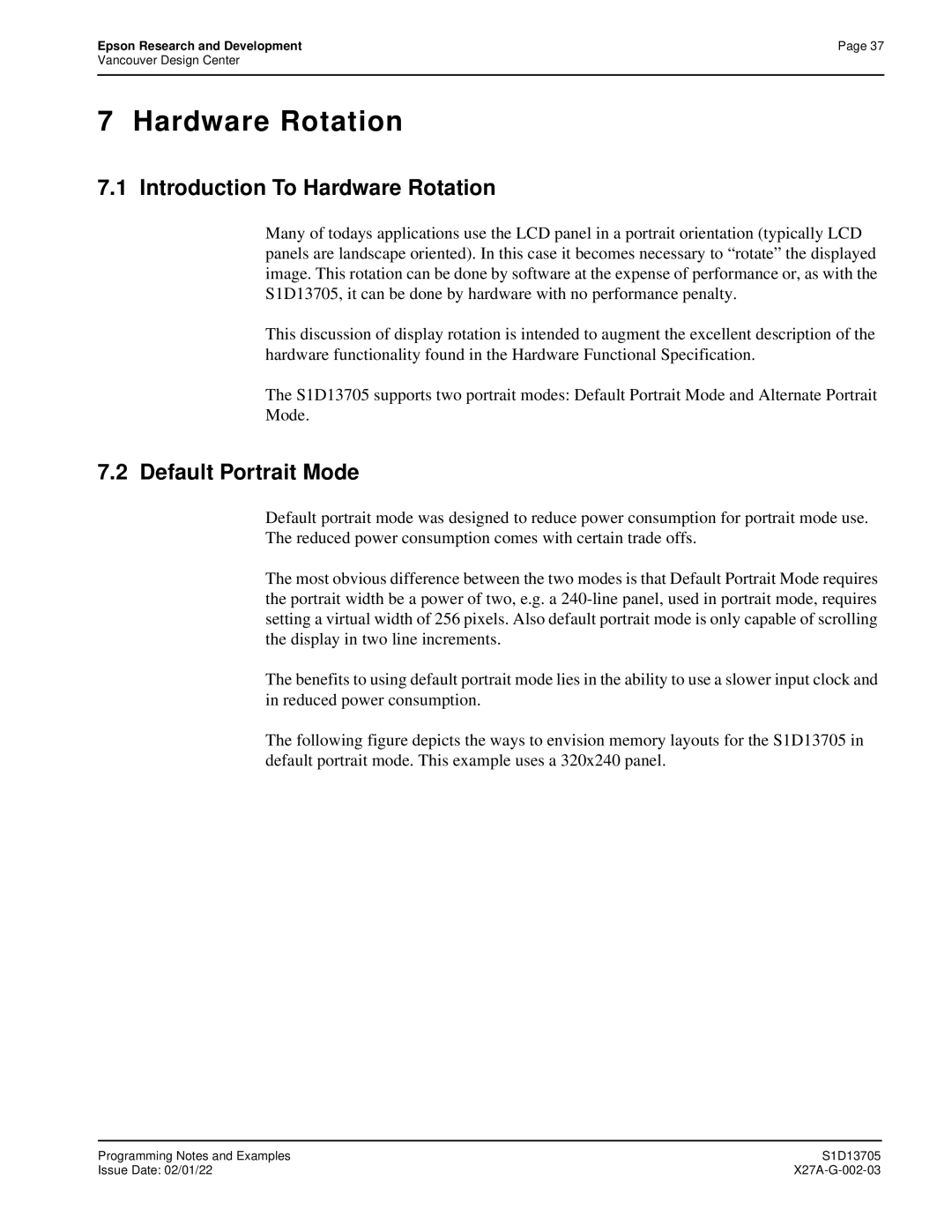 Epson S1D13705 technical manual Introduction To Hardware Rotation, Default Portrait Mode 