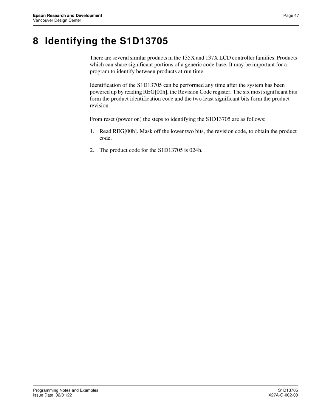 Epson technical manual Identifying the S1D13705 