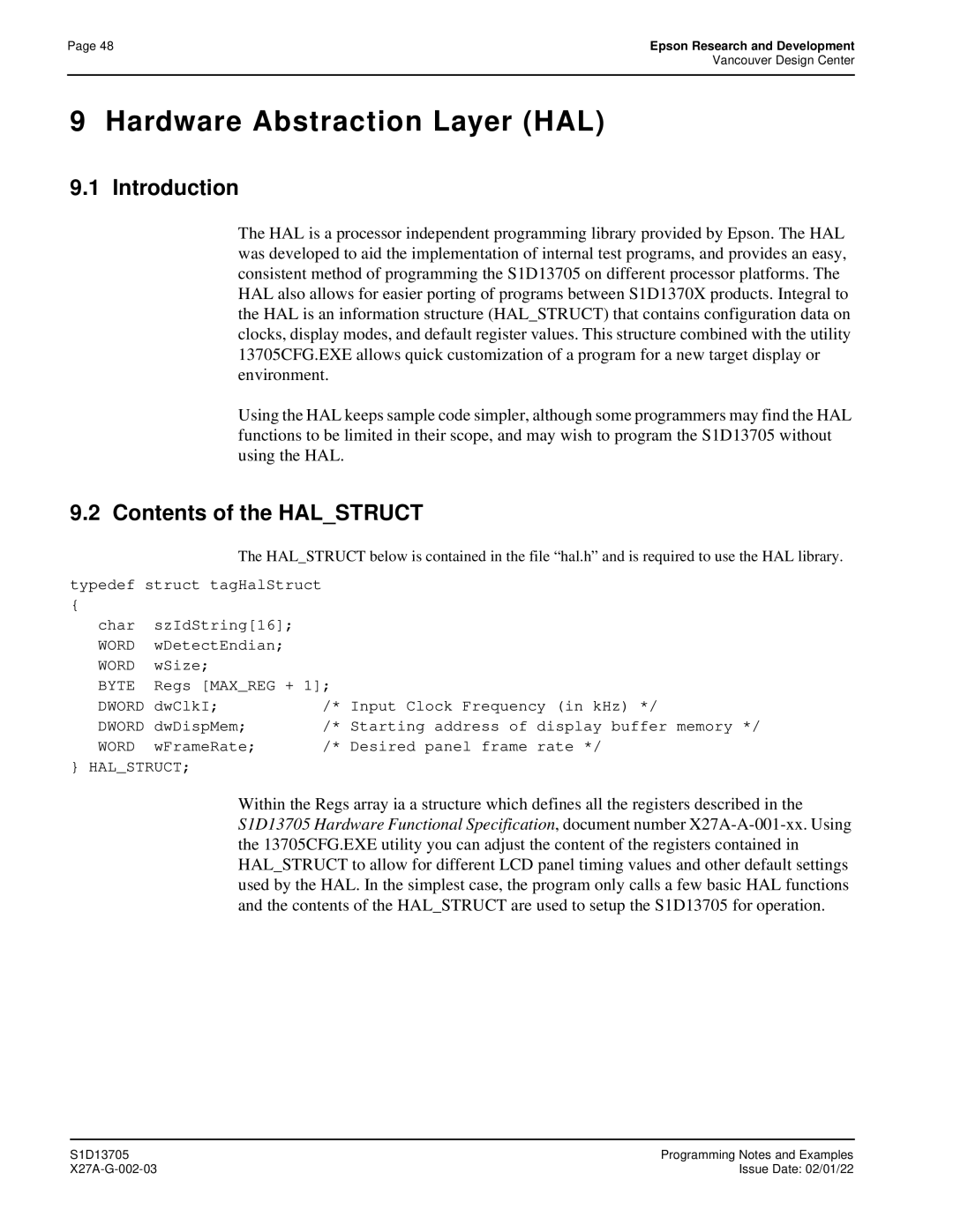 Epson S1D13705 technical manual Hardware Abstraction Layer HAL, Introduction, Contents of the Halstruct 