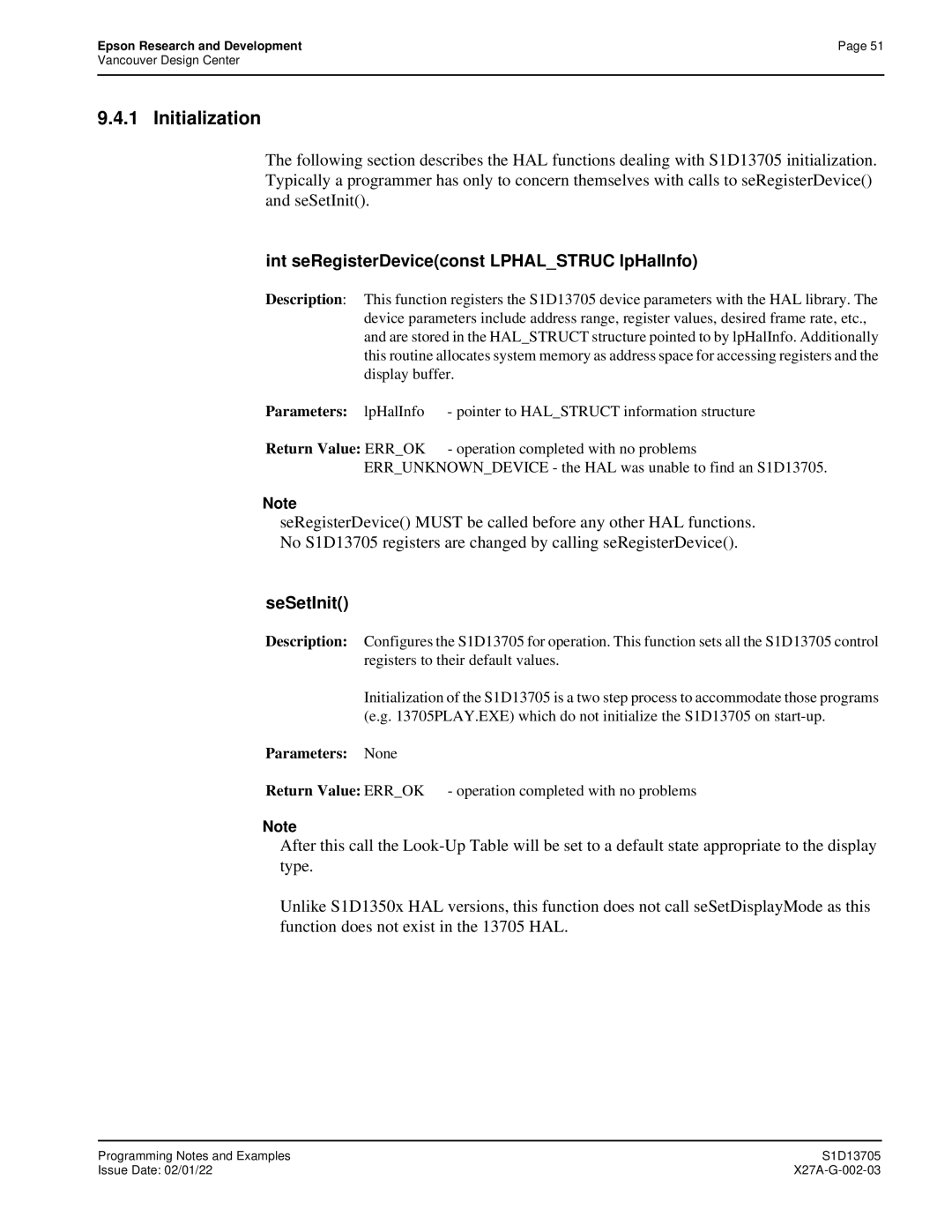 Epson S1D13705 technical manual Initialization, Int seRegisterDeviceconst Lphalstruc lpHalInfo, SeSetInit 