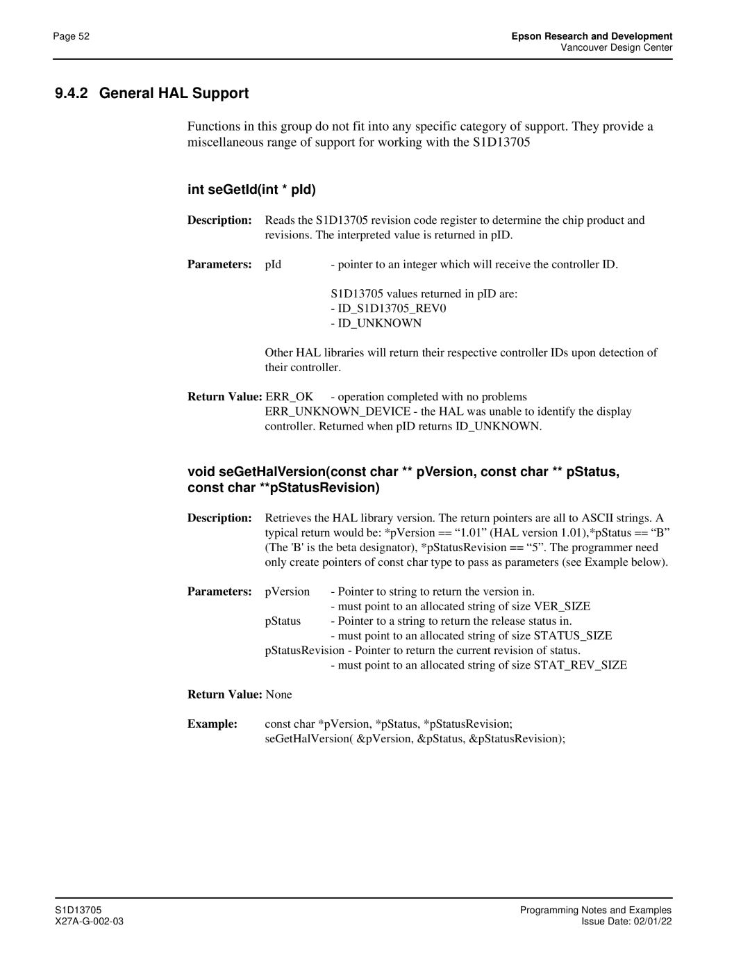 Epson S1D13705 technical manual General HAL Support, Int seGetIdint * pId 