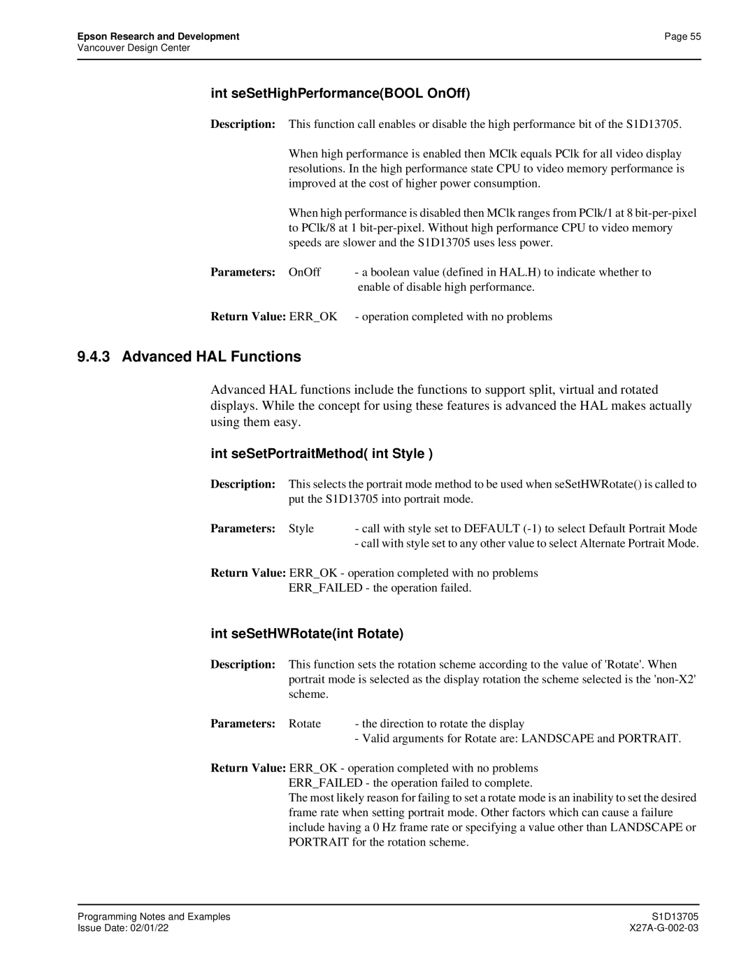 Epson S1D13705 Advanced HAL Functions, Int seSetHighPerformanceBOOL OnOff, Int seSetPortraitMethod int Style 