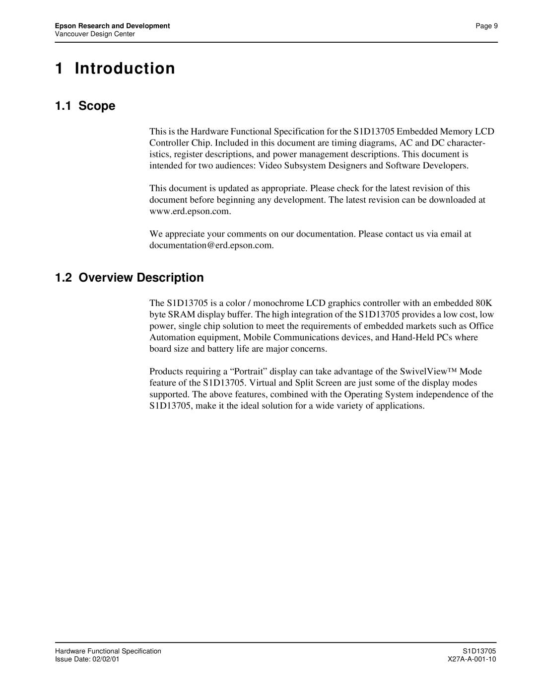 Epson S1D13705 technical manual Introduction, Scope, Overview Description 