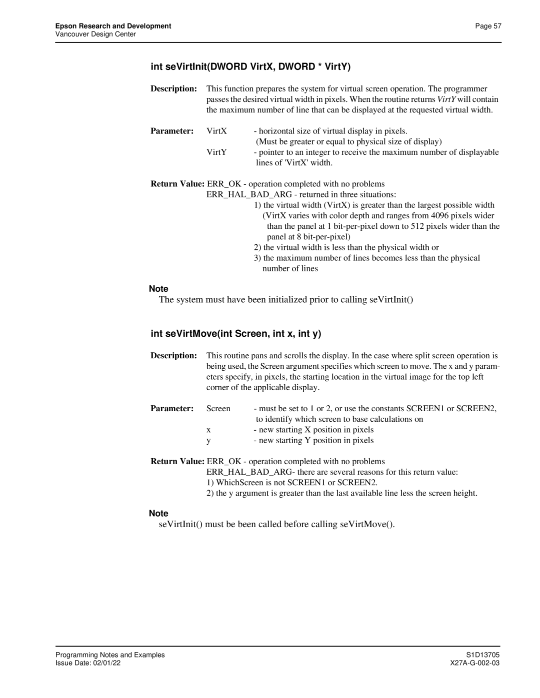 Epson S1D13705 technical manual Int seVirtInitDWORD VirtX, Dword * VirtY, Int seVirtMoveint Screen, int x, int y 