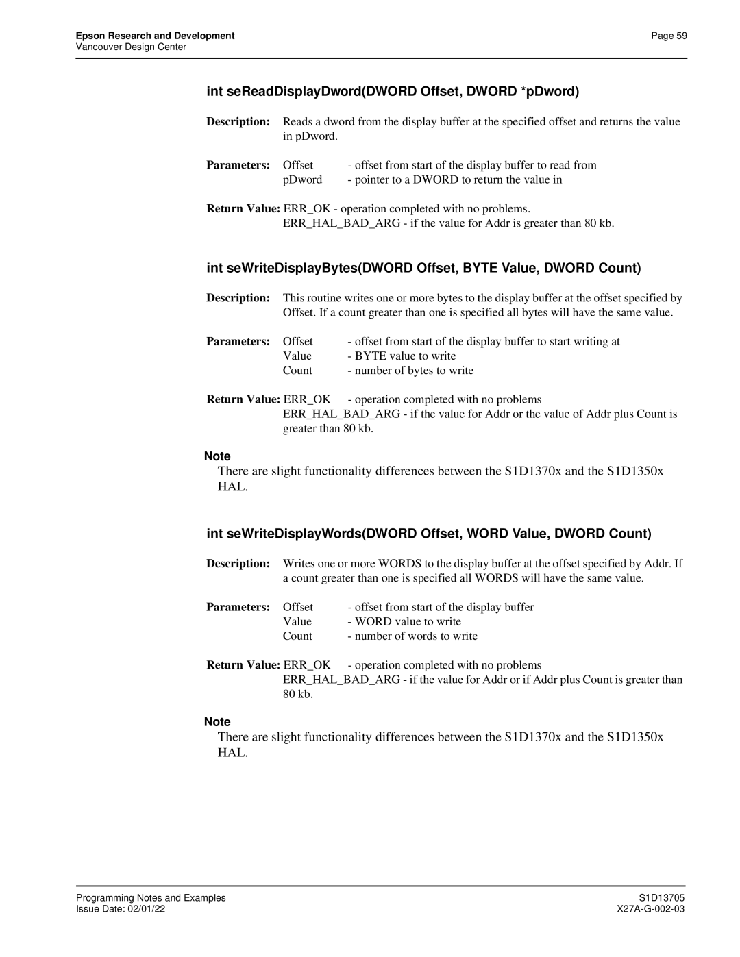 Epson S1D13705 technical manual Int seReadDisplayDwordDWORD Offset, Dword *pDword 