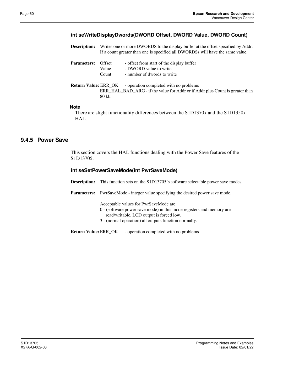 Epson S1D13705 technical manual Power Save, Int seSetPowerSaveModeint PwrSaveMode 