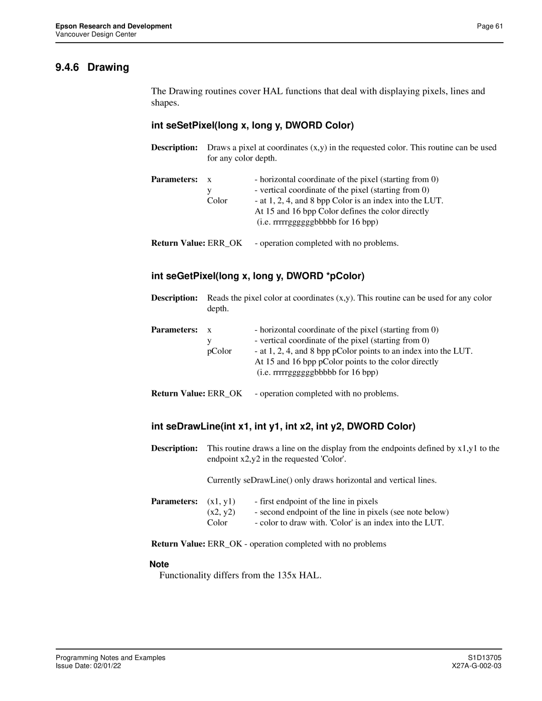 Epson S1D13705 Drawing, Int seSetPixellong x, long y, Dword Color, Int seGetPixellong x, long y, Dword *pColor 
