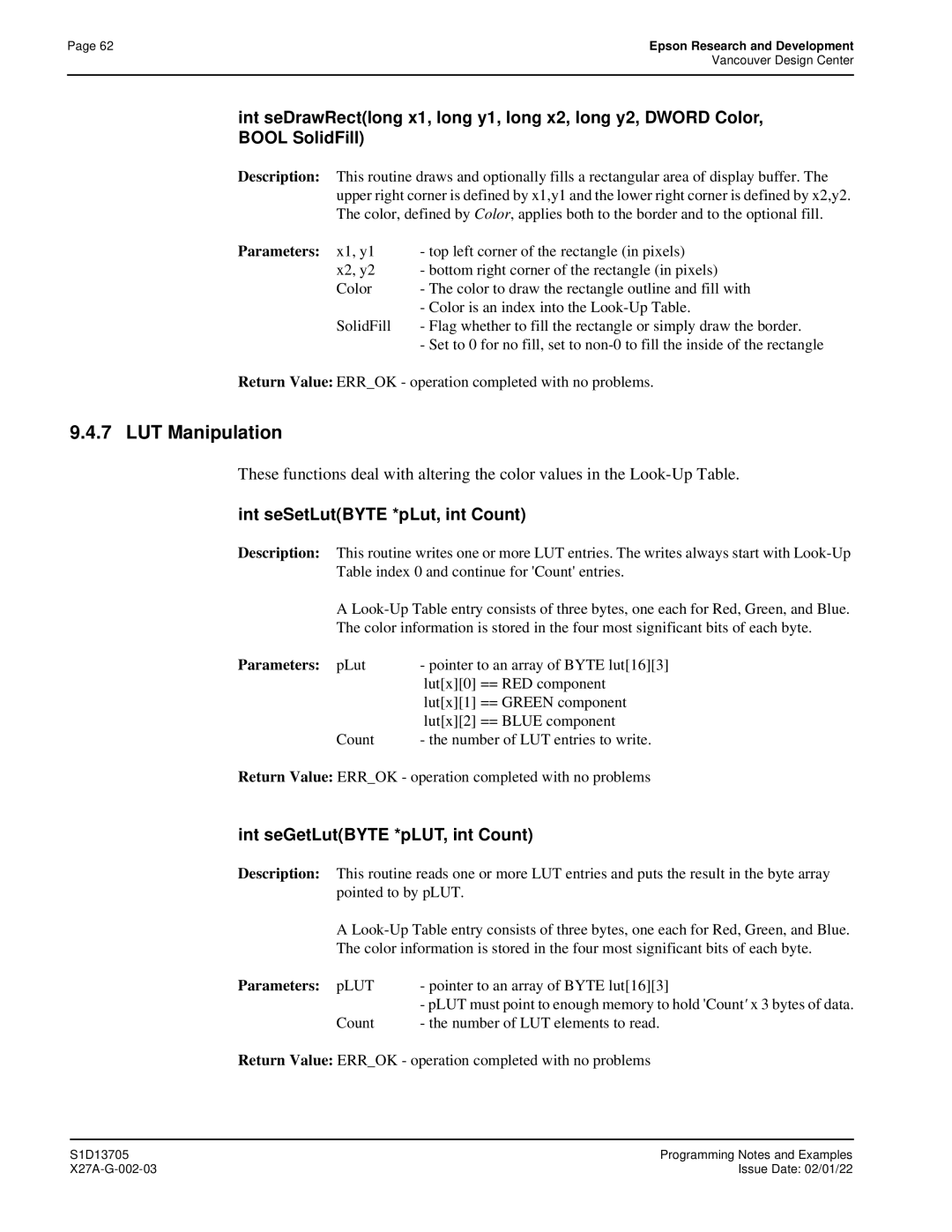 Epson S1D13705 technical manual LUT Manipulation, Int seSetLutBYTE *pLut, int Count, Int seGetLutBYTE *pLUT, int Count 