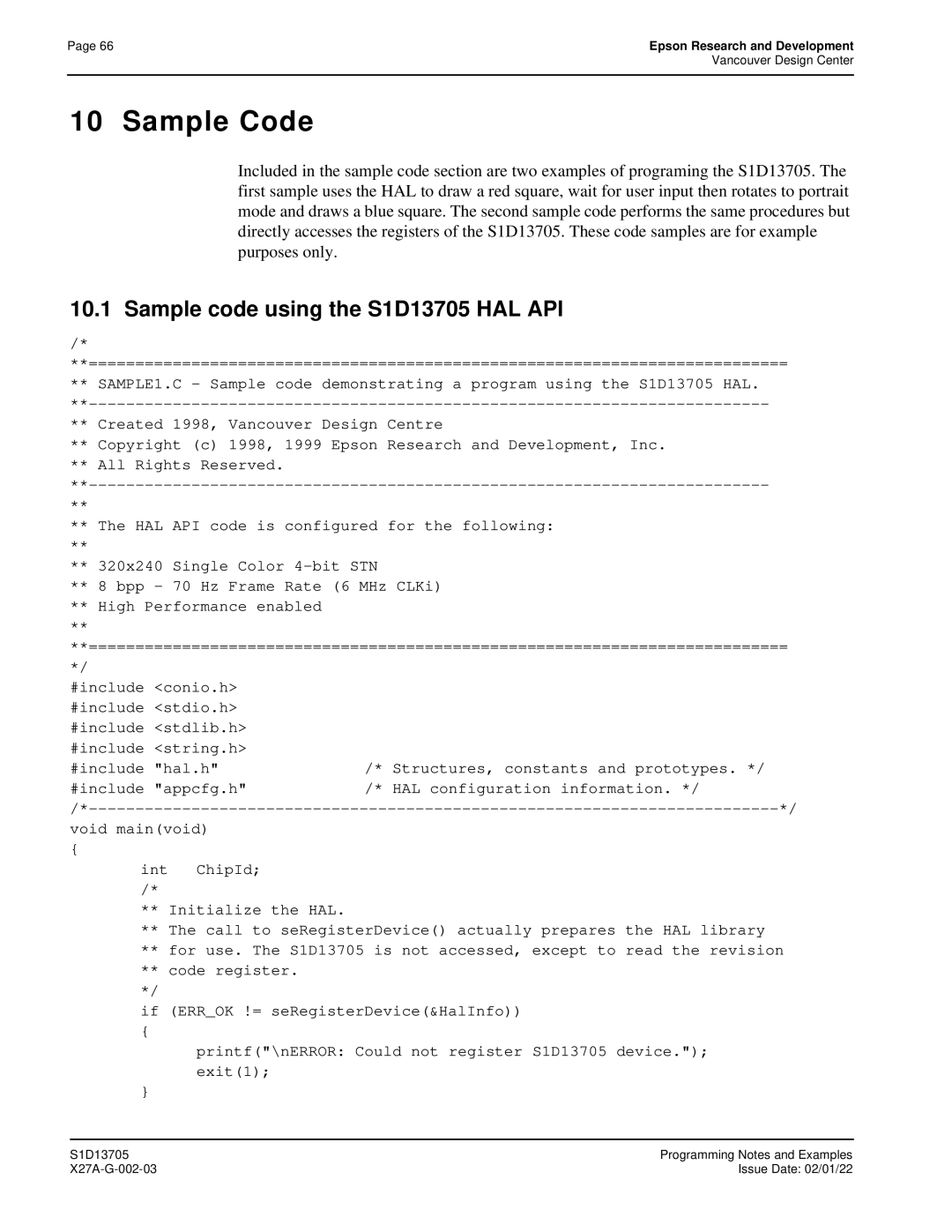 Epson technical manual Sample Code, Sample code using the S1D13705 HAL API 