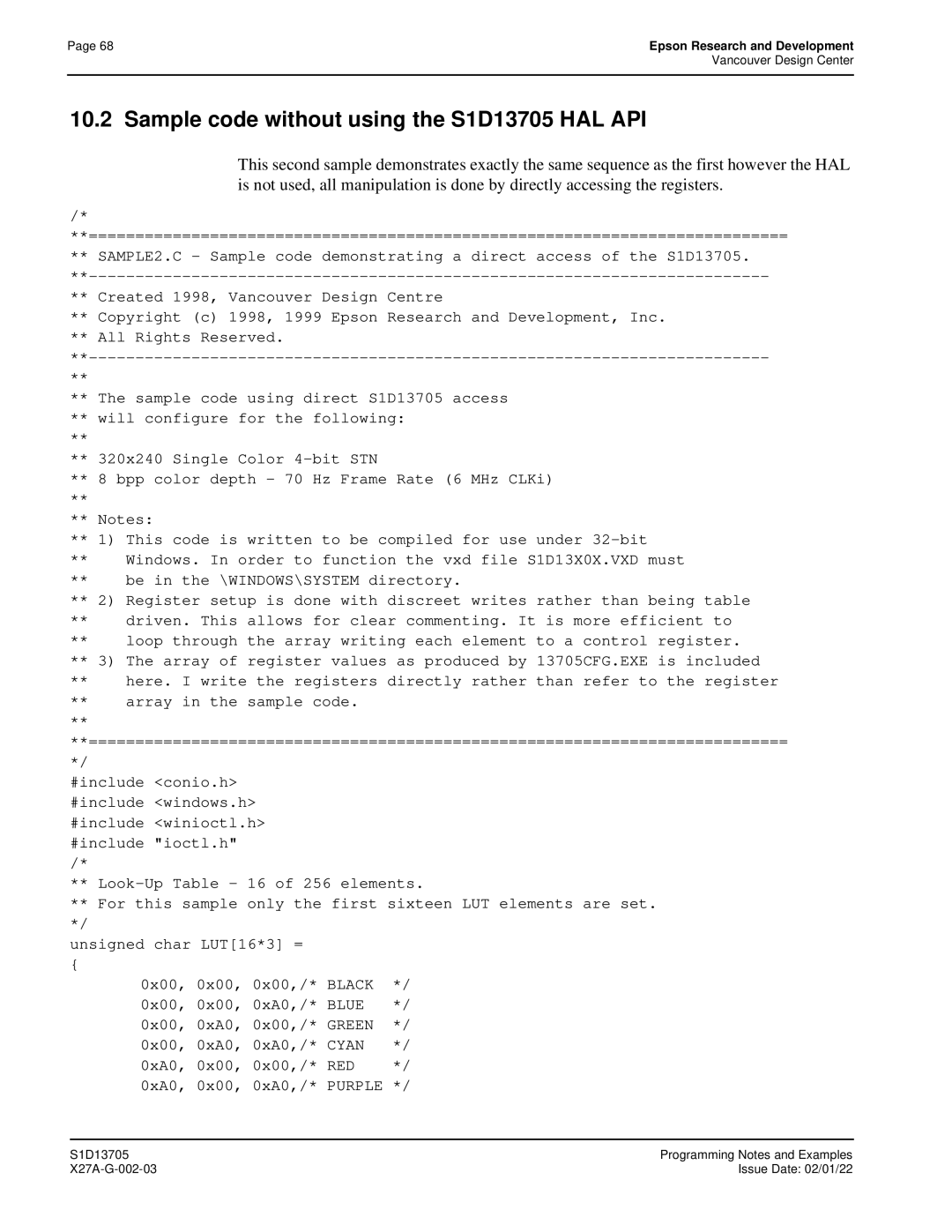 Epson technical manual Sample code without using the S1D13705 HAL API, Purple 