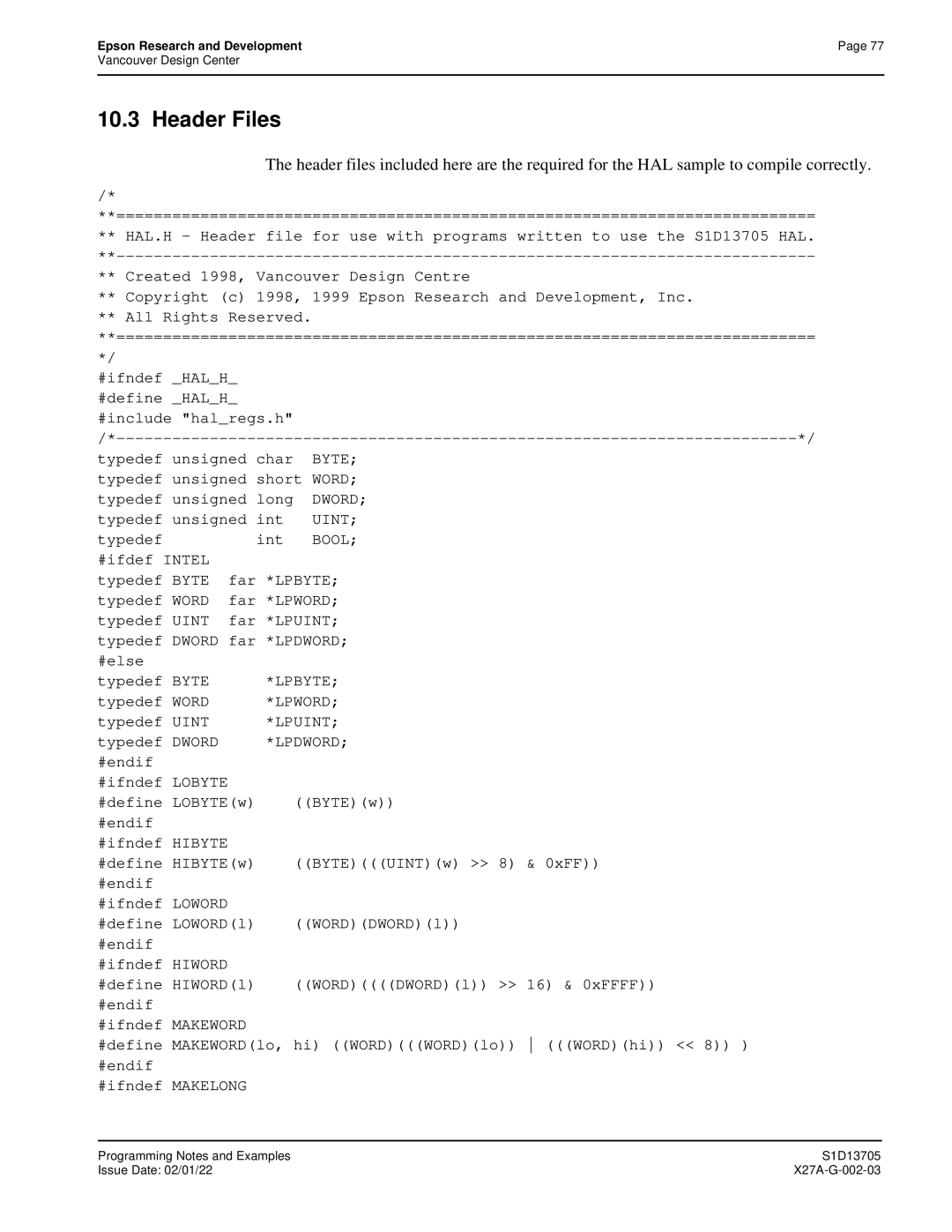 Epson S1D13705 technical manual Header Files, Bool 